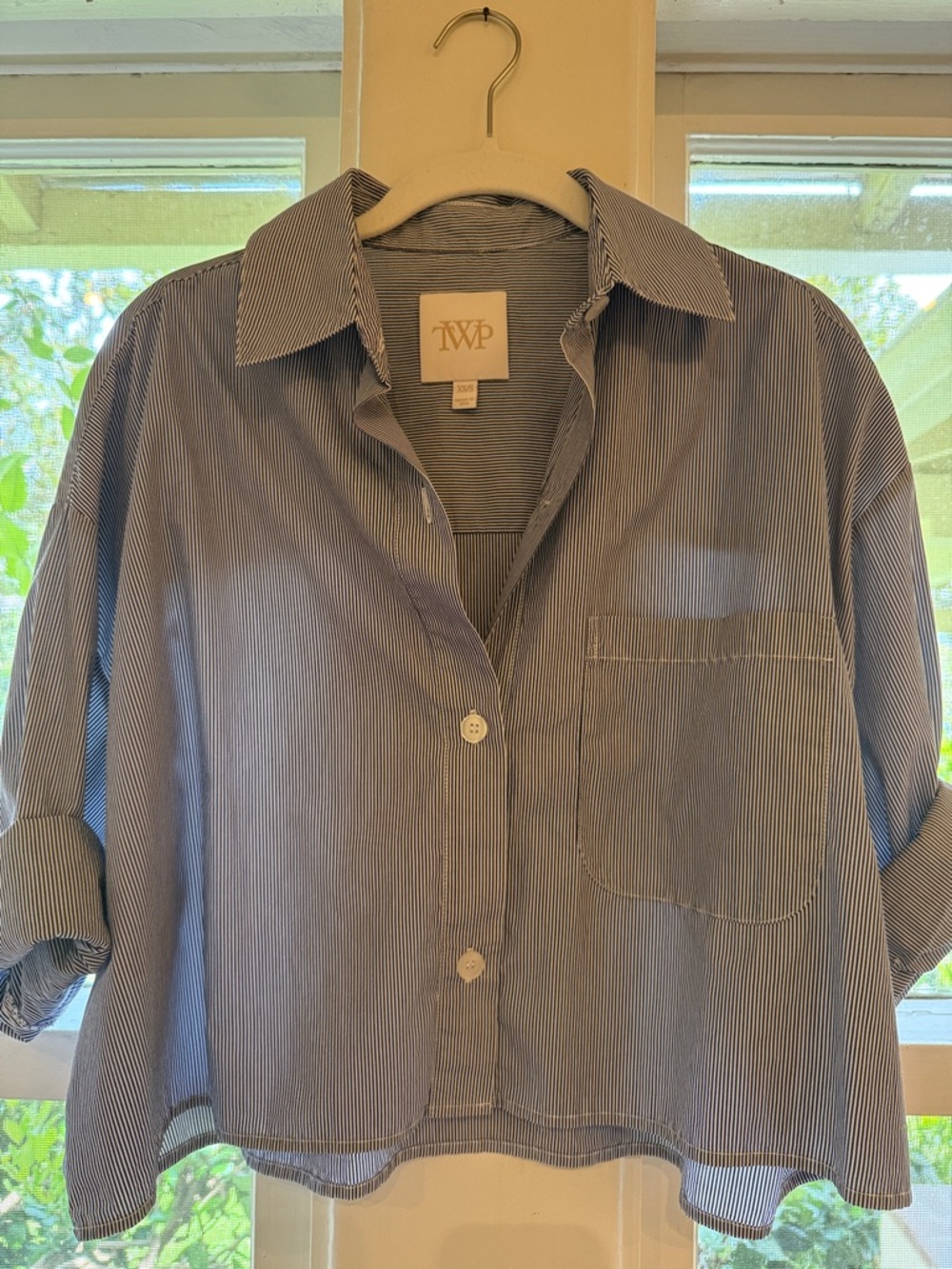 TWP Womens Blue Pinstripe Button-Down Shirt